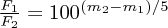 $ \frac{F_1}{F_2} = 100^{(m_2 - m_1)/5} $