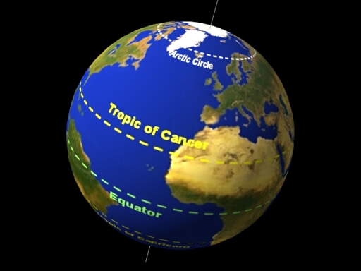 World map showing equator and tropics of Cancer and Capricorn