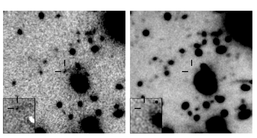 Left: The distant galaxy seen in Lyman alpha emission. Right: and 
not at optical (R) wavelengths