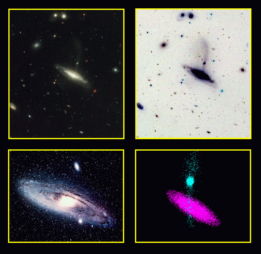 ACS images top left and right; 
bottom left Messier 31(Andromeda); bottom right simulation of shredding