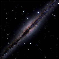 Dust clogs the disks of spiral galaxies, obscuring their light. When galaxies are edge-on, such as NGC 891 shown here, dust is especially prominent. 