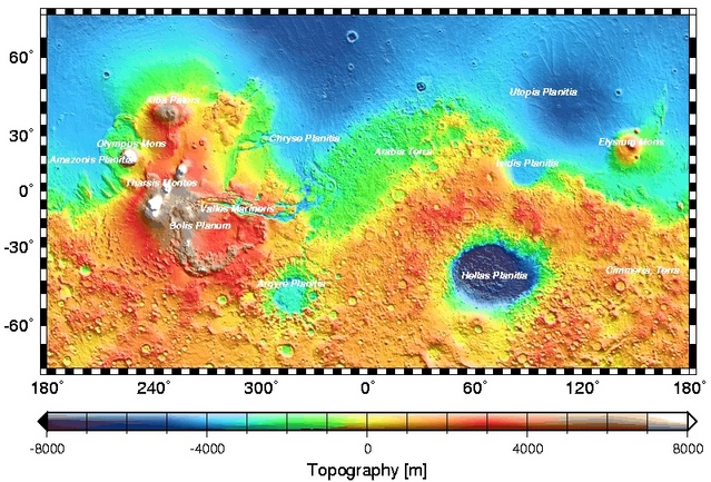 Global topographic map of Mars by MOLA with major surface features labeled.